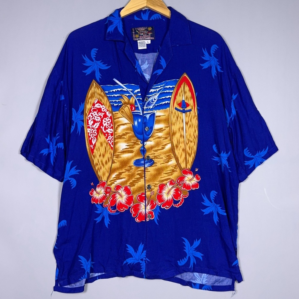 Basix Hawaiian Rayon Shirt Mens Size Large Surfboard AOP Tropical Floral Surf